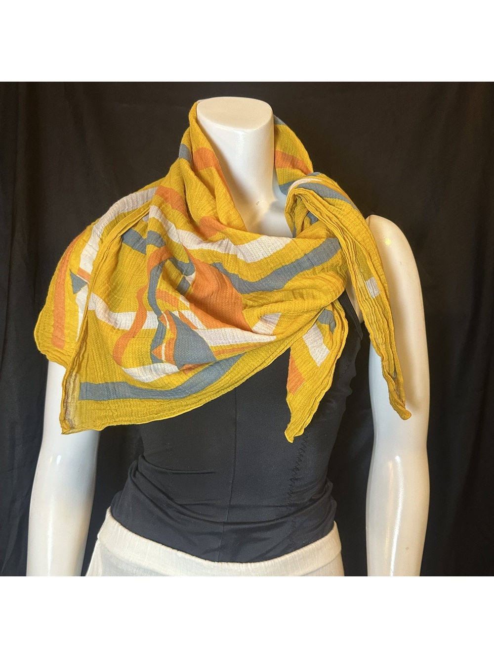 Vintage Lightweight Yellow Striped Scarf with Sailboat Pattern - Picture 2 of 12